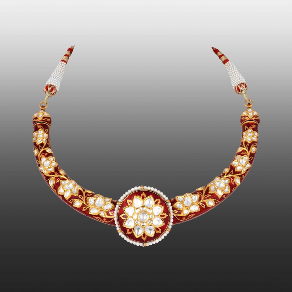 Hasli Necklace with Red Meena, Polki, and Central Floral Medallion